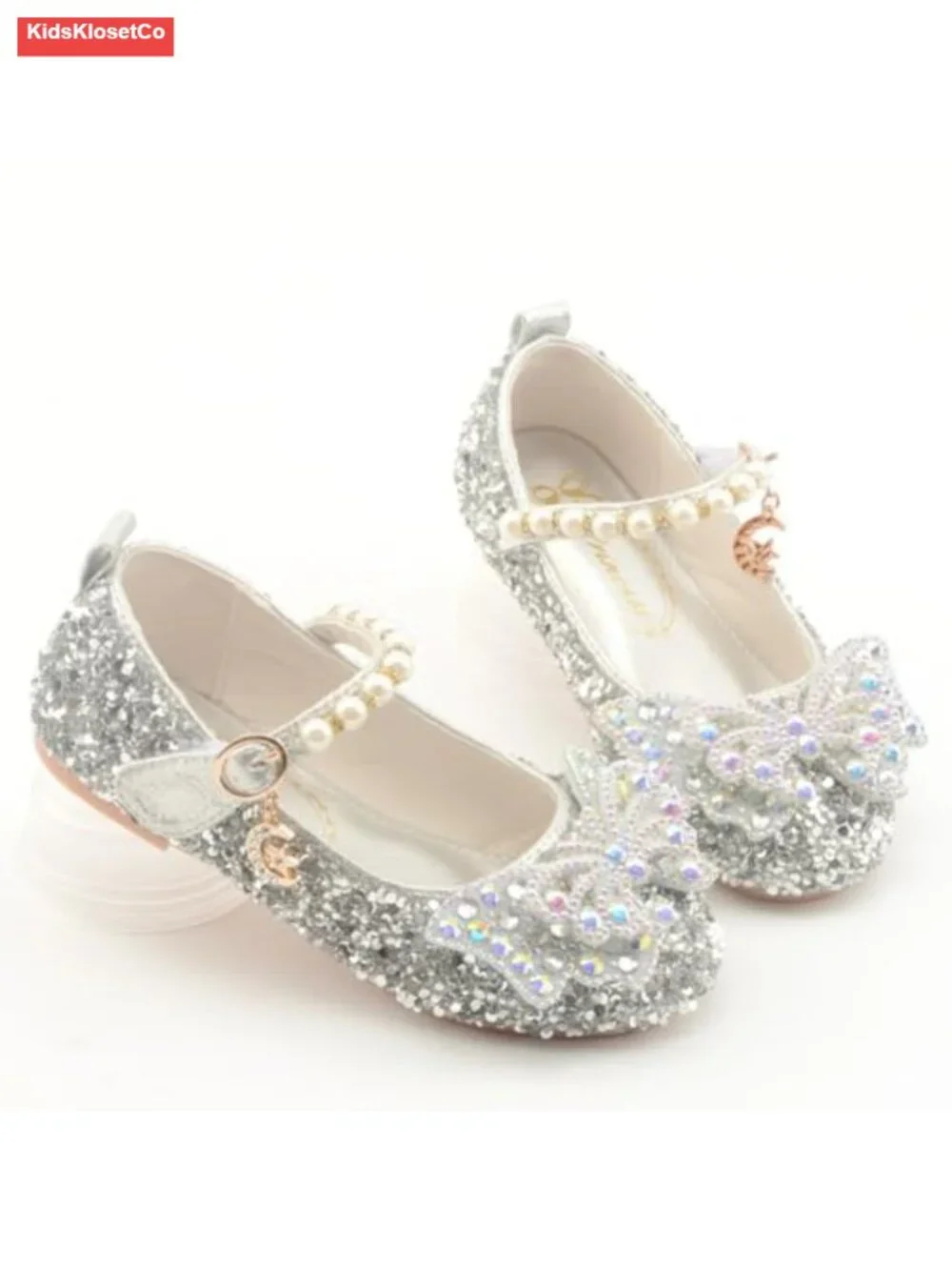 Girls Sparkle Mary Jane Flats with Bowknot - Hook & Loop Closure